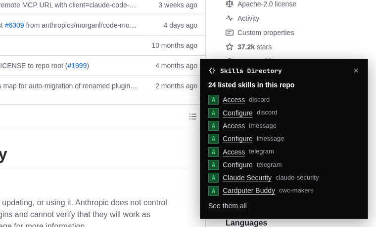 The card on a plugin repo, listing its skills with their grades